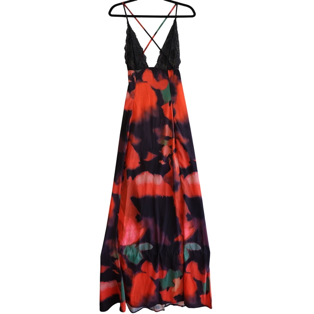 Lace Trim Maxi Dress Womens S Red Black Floral Open Back Cami Slip Romantic Sexy